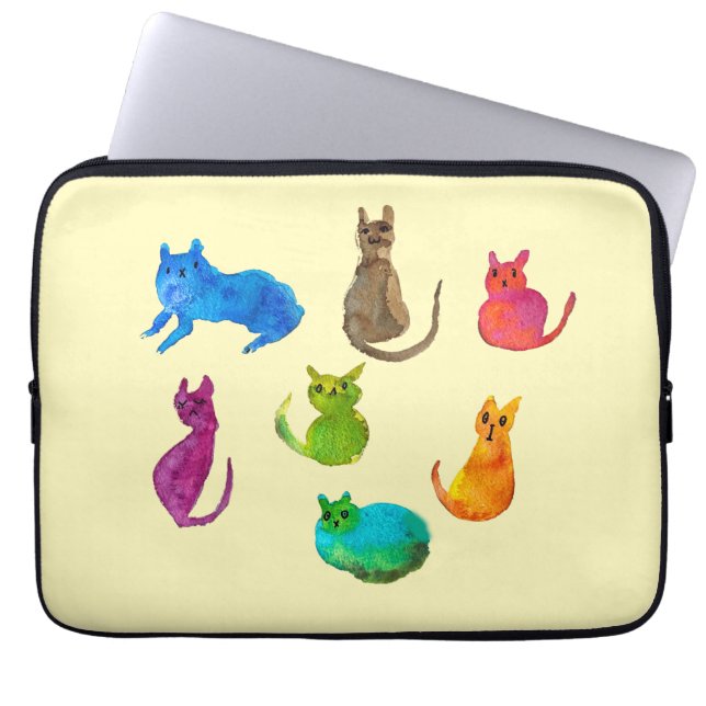 Colorful crazy cats in watercolor laptop sleeve (Front)