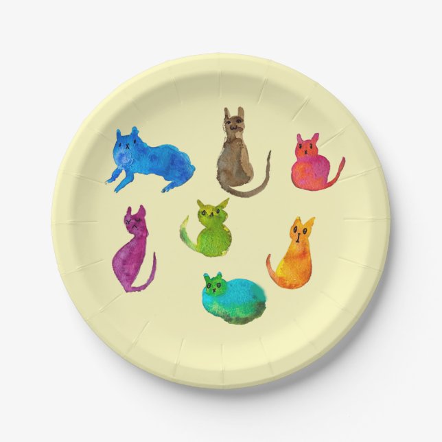 Colorful crazy cats in watercolor paper plates (Front)