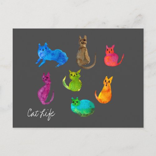 Colorful crazy cats in watercolor postcard