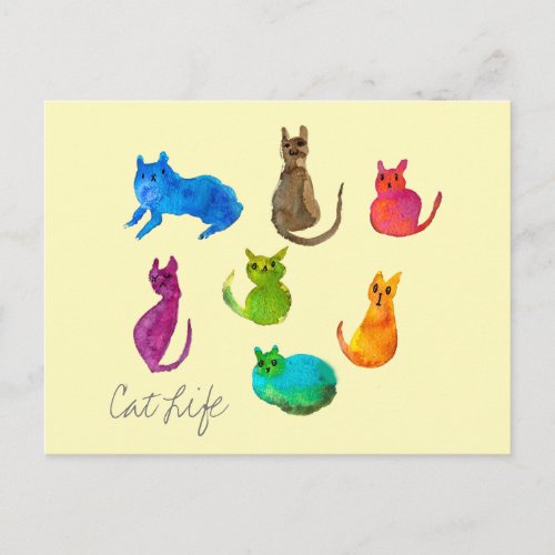 Colorful crazy cats in watercolor postcard