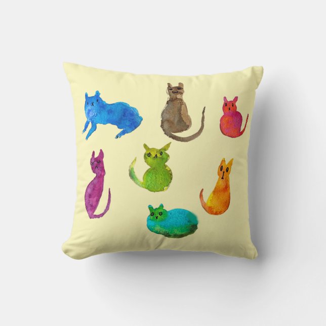 Colorful crazy cats in watercolor throw pillow (Front)