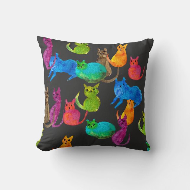 Colorful crazy cats in watercolor throw pillow (Front)