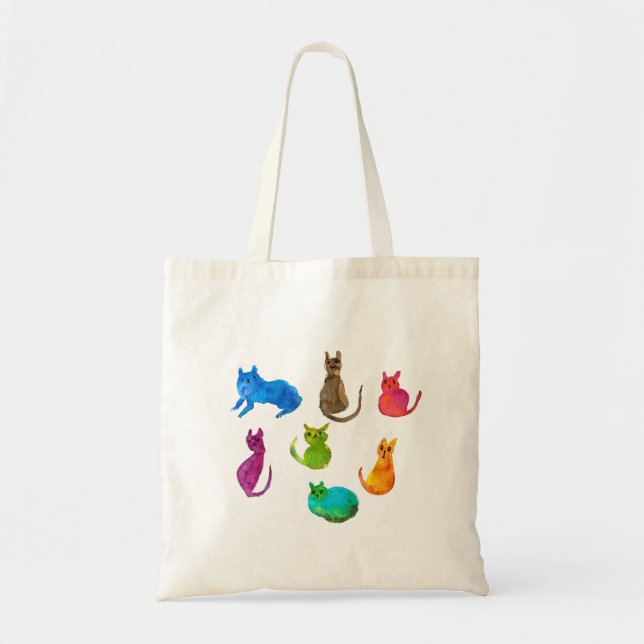 Colorful crazy cats in watercolor tote bag (Front)