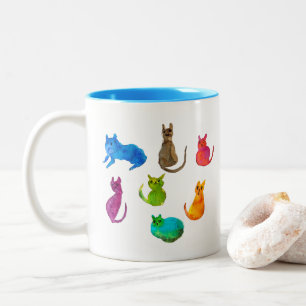 Colorful crazy cats in watercolor Two-Tone coffee mug