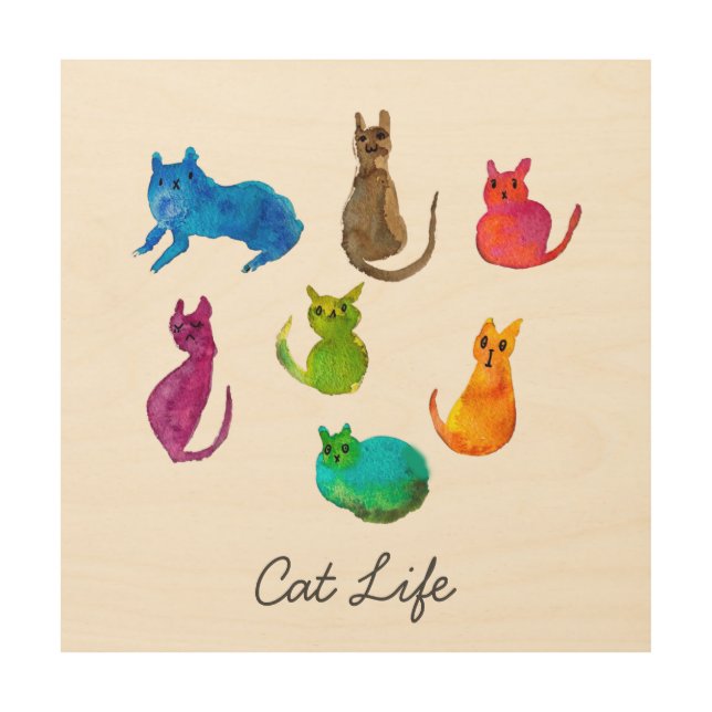 Colorful crazy cats in watercolor wood wall art (Front)