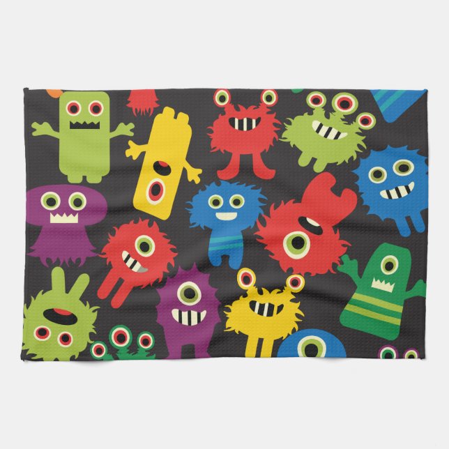 Colorful Crazy Fun Monsters Creatures Pattern Kitchen Towel (Horizontal)