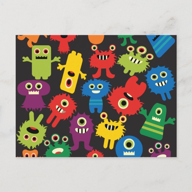 Colorful Crazy Fun Monsters Creatures Pattern Postcard (Front)