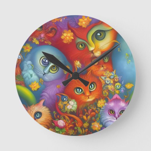Colorful Crazy Kitty Cat Kitten Collage Round Clock