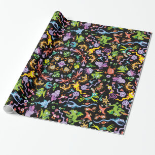 Colorful crazy monsters posing in a pattern design wrapping paper