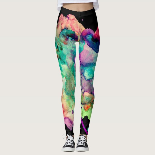 Colorful, Crazy, Unique Paint Splatter Rainbow Leggings (Front)