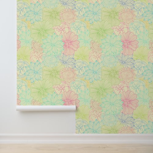 Colorful Cream Doodle Floral Pattern Wallpaper