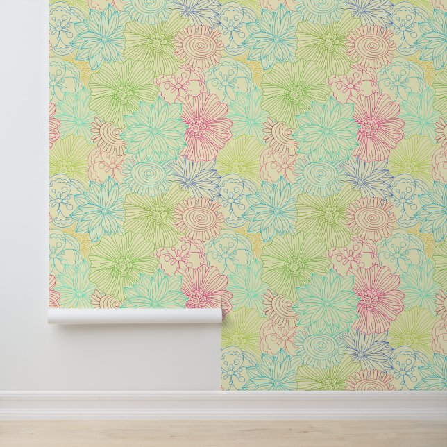 Colorful Cream Doodle Floral Pattern Wallpaper (Application)