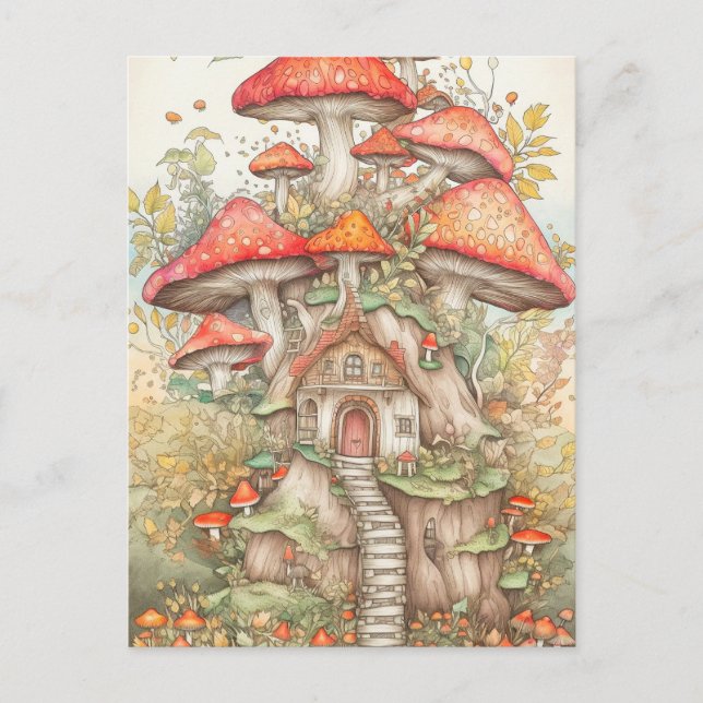Colorful Creative Mushroom Village Illustration Postcard (Front)