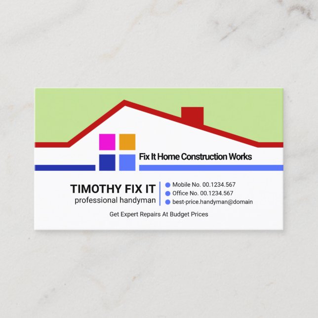 Colorful Creative Roof Motif Handyman Contractor Business Card (Front)
