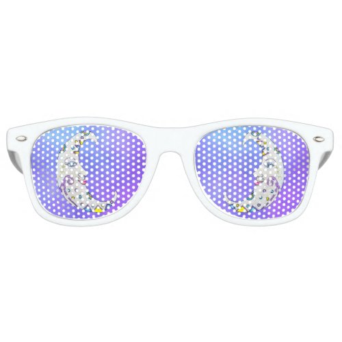 Colorful Crescent Moon Abstract Markings on Purple Retro Sunglasses
