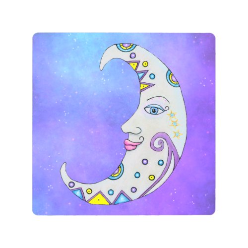 Colorful Crescent Moon Face Gold Stars Purple Metal Print
