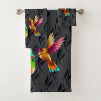Colorful Crested Hummingbirds in Flight Bath Towels