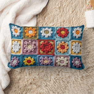 Colorful Crochet Granny Square Florals Lumbar Pillow