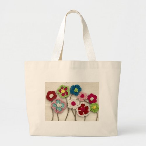 colorful crocheted flowers large tote bag