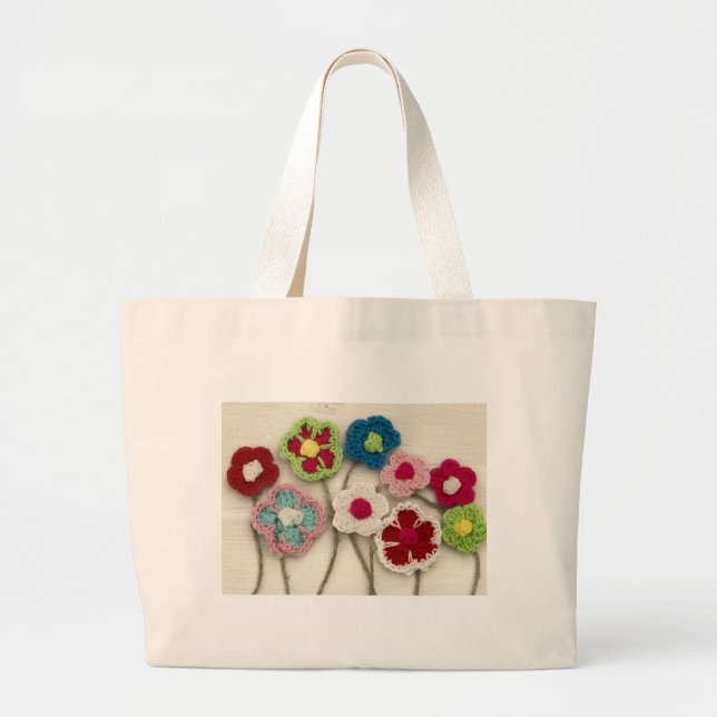 colorful crocheted flowers large tote bag (Front)