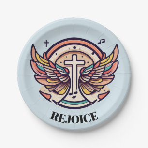 Colorful Cross Agnel Wings Rejoice Paper Plates