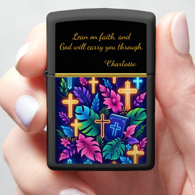Colorful Crosses Amid Tropical Foliage Zippo Lighter (In Hand)