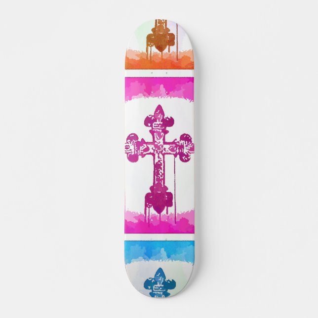 Colorful Crosses Christian Pop Art Collage Skateboard Deck (Front)