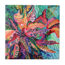 Colorful Croton Leaves Ceramic Tile