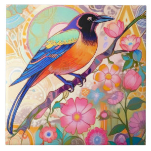 Colorful Crow Bird Rainbow Spring Flowers Floral Ceramic Tile