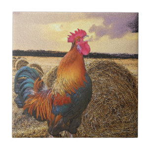 Colorful Crowing Rooster and Hay Bales Ceramic Tile