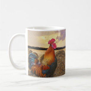Colorful Crowing Rooster and Hay Bales Coffee Mug