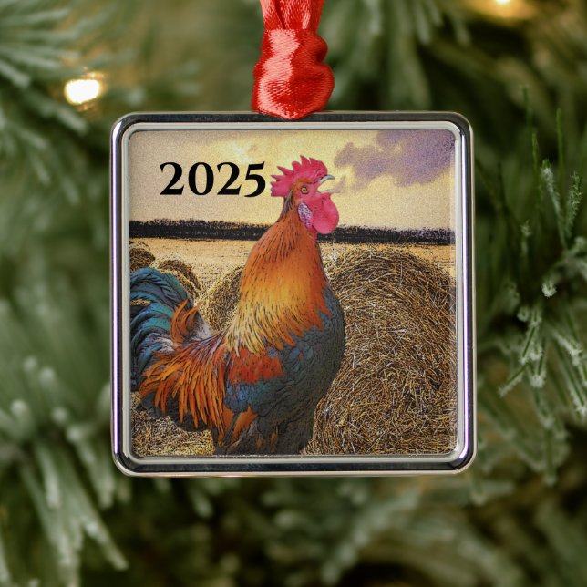 Colorful Crowing Rooster and Hay Bales Metal Ornament (Tree)