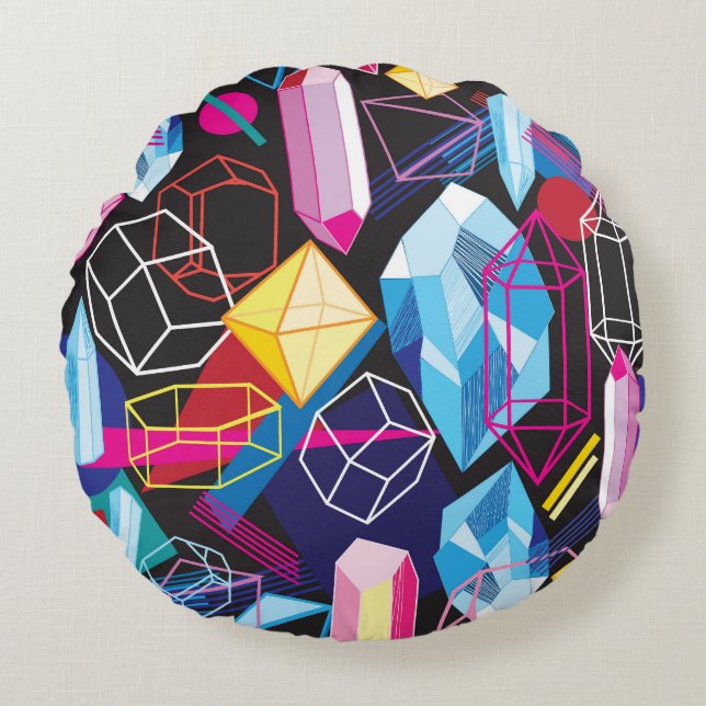 Colorful crystals, dark abstract background round pillow (Front)