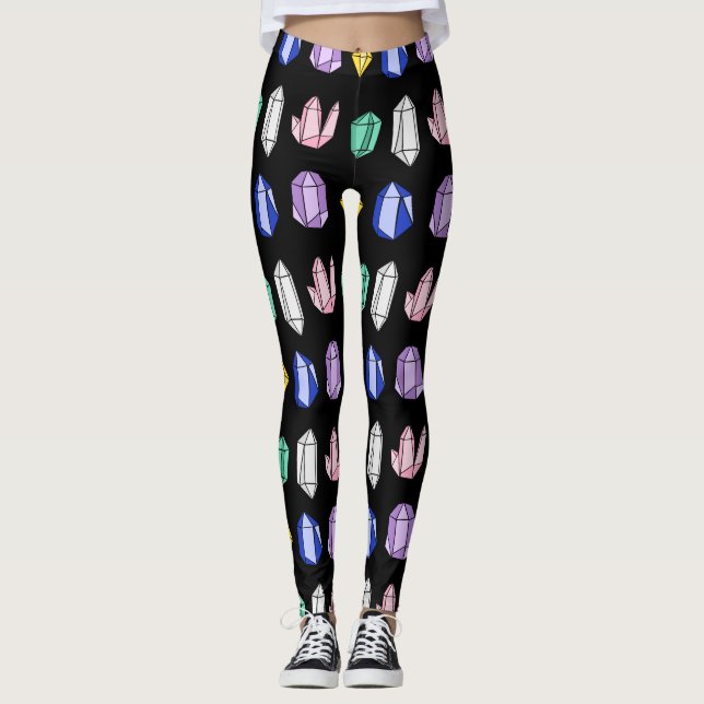 Colorful Crystals Pattern Black Leggings (Front)