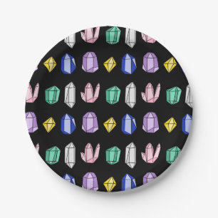 Colorful Crystals Pattern Black Paper Plates