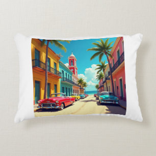 Colorful Cuban Street with Classic Cars Accent Pillow