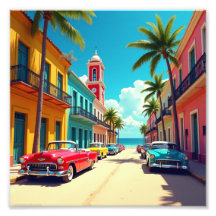 Colorful Cuban Street with Classic Cars