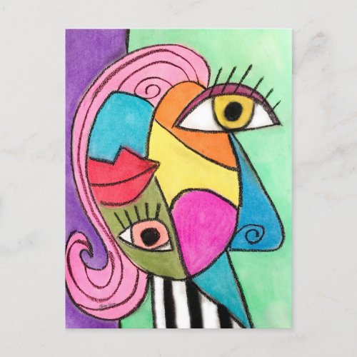 Colorful Cubism Abstract Face Fun Whimsical Art Postcard