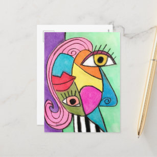 Colorful Cubism Abstract Face Fun Whimsical Art Postcard