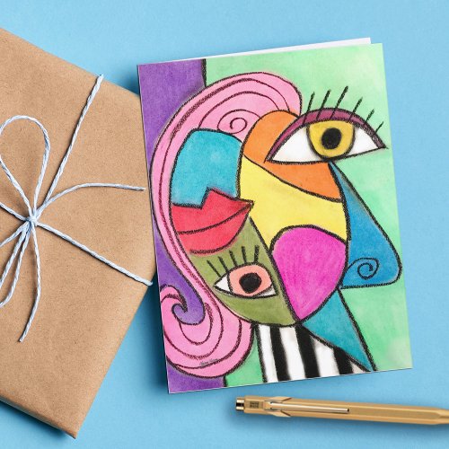 Colorful Cubism Abstract Face Whimsical Art Note Card
