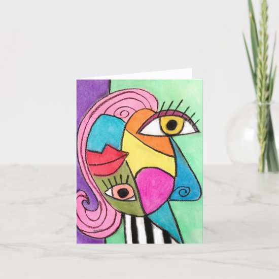 Colorful Cubism Abstract Face Whimsical Art Note Card