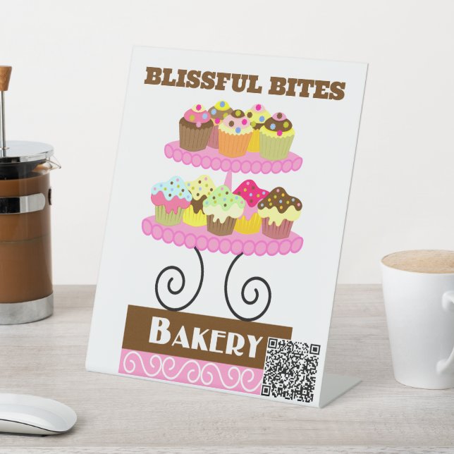 Colorful Cupcake Bakery QR Code Pedestal Sign (In SItu)