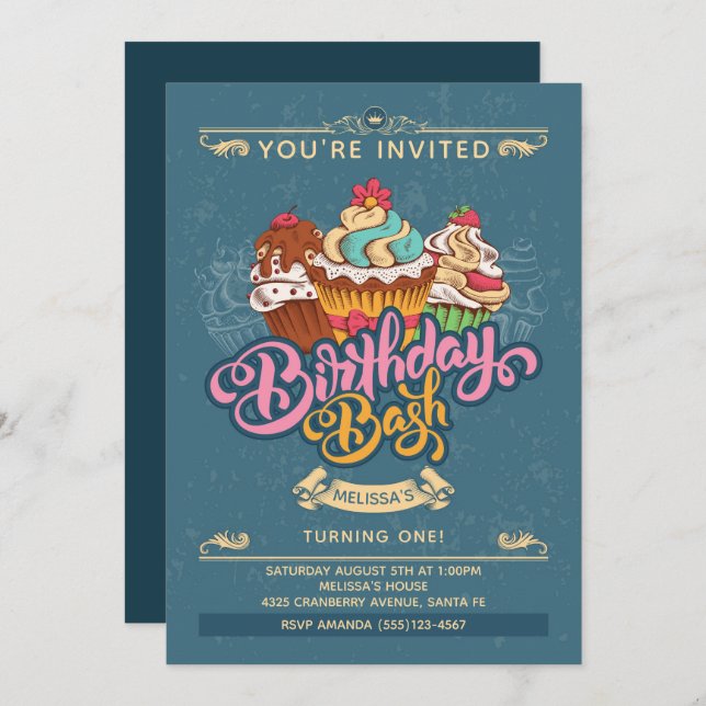 Colorful Cupcake Sweets on Blue Birthday Invitation (Front/Back)