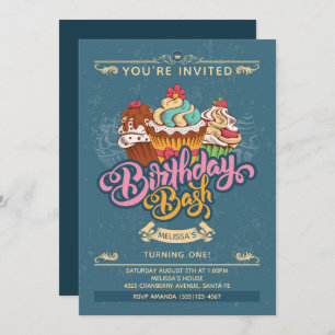 Colorful Cupcake Sweets on Blue Birthday Invitation