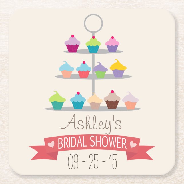 Colorful Cupcake Tree Bridal Shower Square Paper Coaster (Front)