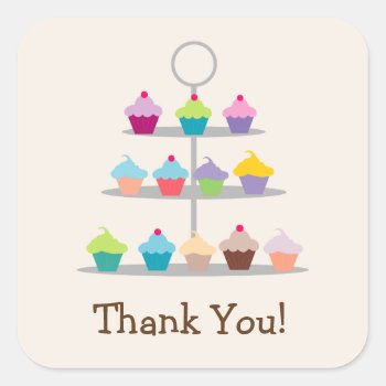 Colorful Cupcake Tree Thank You Square Sticker by Card_Stop at Zazzle