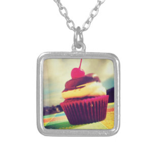 Colorful Cupcake with Cherry on Top Silver Plated Necklace