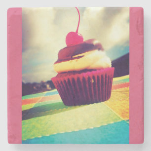 Colorful Cupcake with Cherry on Top Stone Coaster