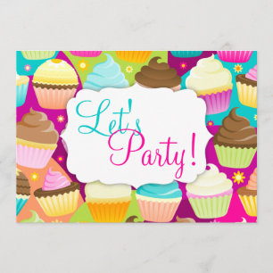 Colorful Cupcakes "Let's Party" Invitation