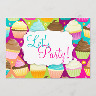 Colorful Cupcakes "Let's Party" Invitation